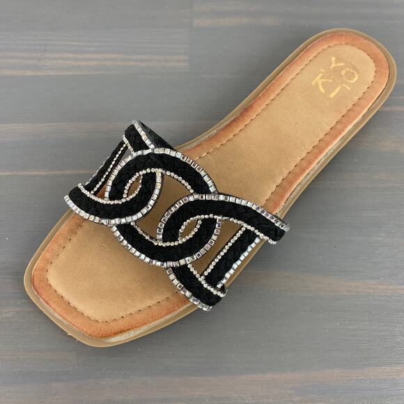 YOKI Isabel Slide Sandal Flats Women Size 8 Black Cutout Crystal Trim Glitzy NEW - Picture 1 of 8